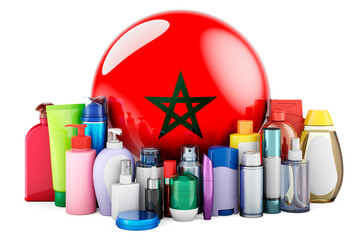 Moroccan flag with cosmetic bottles, Hair, facial skin and body care products. 3D rendering