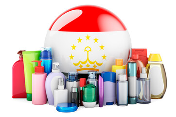 Tajik flag with cosmetic bottles, Hair, facial skin and body care products. 3D rendering