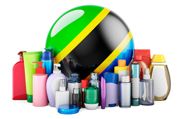 Tanzanian flag with cosmetic bottles, Hair, facial skin and body care products. 3D rendering