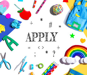 Apply theme with school supplies overhead view - flat lay