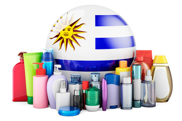 Uruguayan flag with cosmetic bottles, Hair, facial skin and body care products. 3D rendering