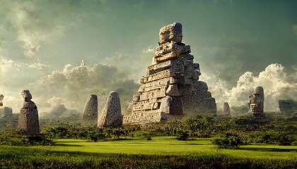 Mysterious ziggurat and high stone monuments in jungles