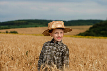 Naklejka na ściany i meble A smiling little farmer boy in a plaid shirt and straw hat poses for a photo in a wheat field. Heir of farmers