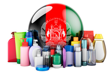 Afghan flag with cosmetic bottles, Hair, facial skin and body care products. 3D rendering