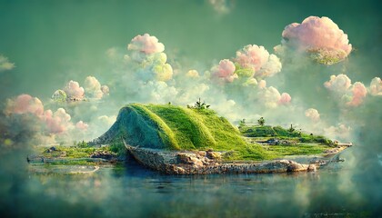 Dreamlike landscape with hilly island against fluffy clouds - obrazy, fototapety, plakaty