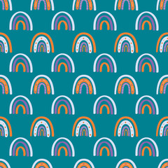 .Cute Boho rainbow on emerald background seamless pattern.