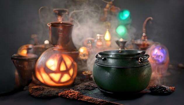 Fantasy cauldron and head carved of pumpkin on witch table