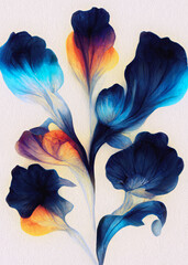 Illustration of abstract blue, purple and orange flowers. Watercolor painting. Floral background.