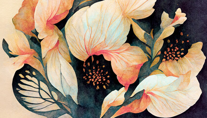 Abstract floral background. Watercolor painting. Black, pink and golden colors.
