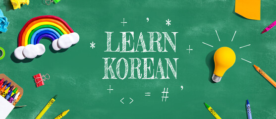 Learn Korean theme with school supplies overhead view - flat lay