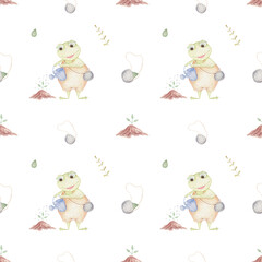Watercolor seamless pattern with cute frogs in the garden, nature and agriculture. Farmer or gardener.