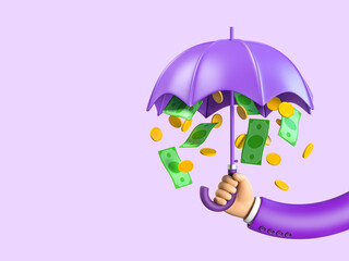Human hand holding umbrella with full money and coins. Concept of attraction coins. Financial metaphor, revealing the concept of cashback and safe money. 3d render