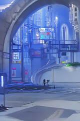 A 3d digital render of a futuristic cyberpunk city with an archway and blue neon lights.