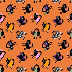 Halloween black cats seamless pattern for clothes print and wrapping and accessories and fabrics and kids and festive