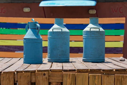 Traditional vintage vessels used as sprayer liquid storage for agriculture pest control and disinfection, milk storage, etc.