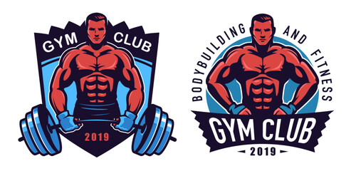 Naklejka premium Gym and fitness logo set. Sporty and athletic man emblem. Muscular body. Sport concept vector illustration