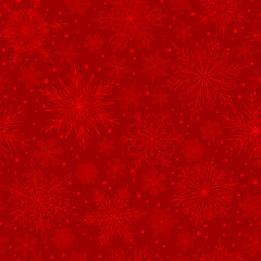 Naklejka na ściany i meble Seamless pattern with complex big and small Christmas snowflakes in red colors. Winter background with falling snow
