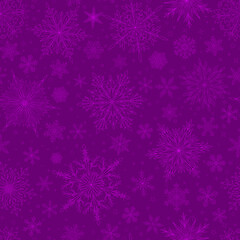 Fototapeta na wymiar Seamless pattern with complex big and small Christmas snowflakes in purple colors. Winter background with falling snow