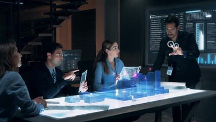 In the Near Future: Businessman presenting concept of 5G Wireless Network Connection to Colleagues and Partners sitting around Futuristic Table with Holographic Modern Augmented Reality Technology. - Powered by Adobe