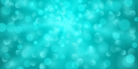 Abstract background in light blue colors with diverging rays of light and small translucent circles with bokeh effect