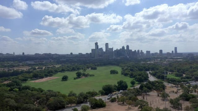 Austin Texas Skyline Aerial Drone shot on sunny day, Texas austin from zilker park