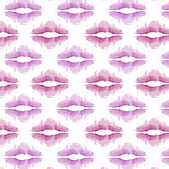 Pattern from abstract spots in the form of lips in trendy purple hues in watercolor manner.