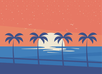 Fototapeta na wymiar sunset seascape with palms trees