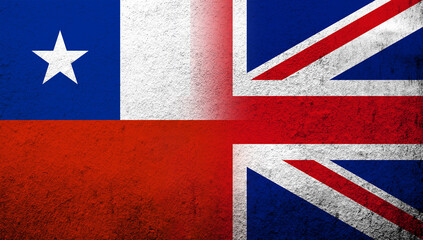 National flag of United Kingdom (Great Britain) Union Jack with The Republic of Chile National flag. Grunge background