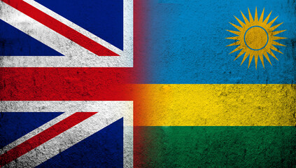 National flag of United Kingdom (Great Britain) Union Jack with the Republic of Rwanda National flag. Grunge background