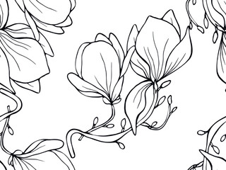 Magnolia flowers seamless pattern. Hand drawn vector illustration for background, textile, wrapping paper.