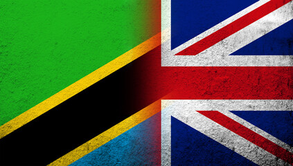 Fototapeta na wymiar National flag of United Kingdom (Great Britain) Union Jack with The United Republic of Tanzania National flag. Grunge background