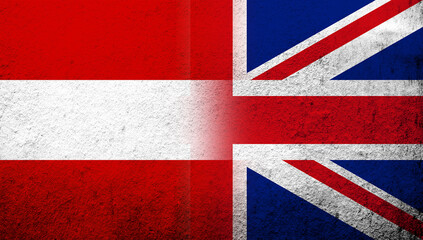 National flag of United Kingdom (Great Britain) Union Jack with National flag of Austria. Grunge background