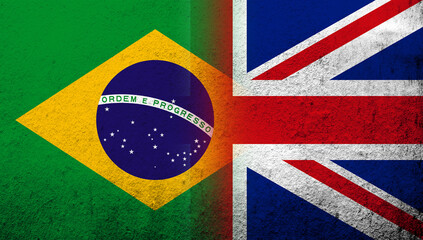 National flag of United Kingdom (Great Britain) Union Jack with National flag of Brazil. Grunge background
