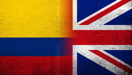 National flag of United Kingdom (Great Britain) Union Jack with National flag of Colombia. Grunge background