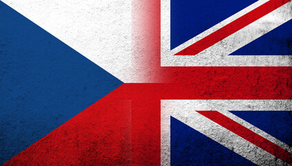 National flag of United Kingdom (Great Britain) Union Jack with National flag of Czech Republic. Grunge background