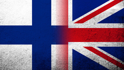 National flag of United Kingdom (Great Britain) Union Jack with National flag of Finland. Grunge background