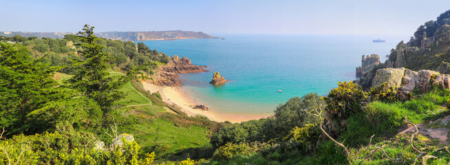 Aerial panoramic view of the beautiful Beauport Beach in Jersey UK