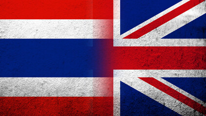 National flag of United Kingdom (Great Britain) Union Jack with The Kingdom of Thailand National flag. Grunge background