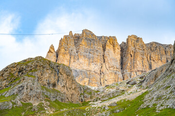 Sasso Pordoi ridge and cableway from Passo Pordoi