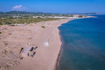 Drone view of Halikounas Beach between Ioian Sea and Korission Lake, Corfu Island, Greece