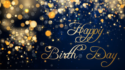card or banner to wish a happy birthday in gold on a gradient blue background with circles, stars and gold-colored glitter