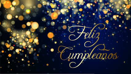 Fototapeta na wymiar tarjeta o pancarta para desear un feliz cumpleaños en oro sobre un fondo azul degradado con círculos, estrellas y brillo dorado