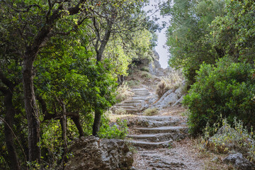 Path to viewpoint on a hills in Palaiokastritsa village, Corfu Island in Greece