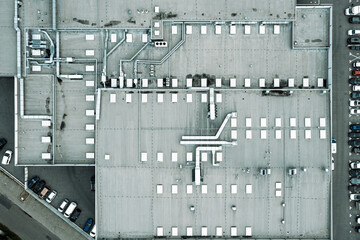 Aerial view of the roof of the factory, ventilation on the roof of the building