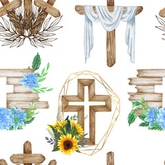 Watercolor Flower Cross, Wood Cross, Baptism, Floral Seamless Patteern. First Communion, Holy Spirit, Florals Arrangements, Easter cross