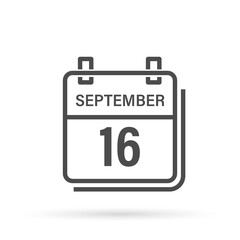 September 16, Calendar icon with shadow. Day, month. Flat vector illustration.