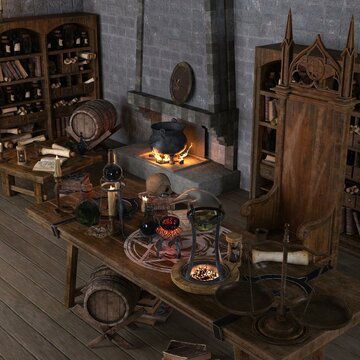3d-illustration of an empty wizard room or witch lab