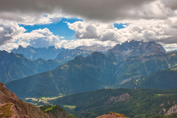 Naklejka premium View to Pale di San Martino from the side of Marmolada, Dolomites, Italy