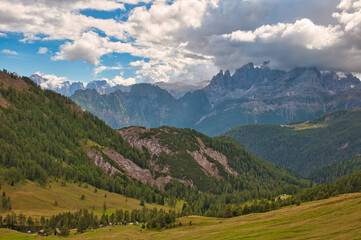 Fototapeta na wymiar View to Pale di San Martino from the side of Marmolada, Dolomites, Italy