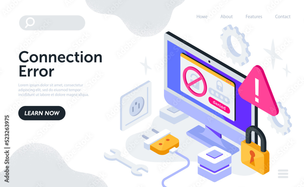 Poster concept of network connection error. landing page design with computer screen, lock, socket and plug